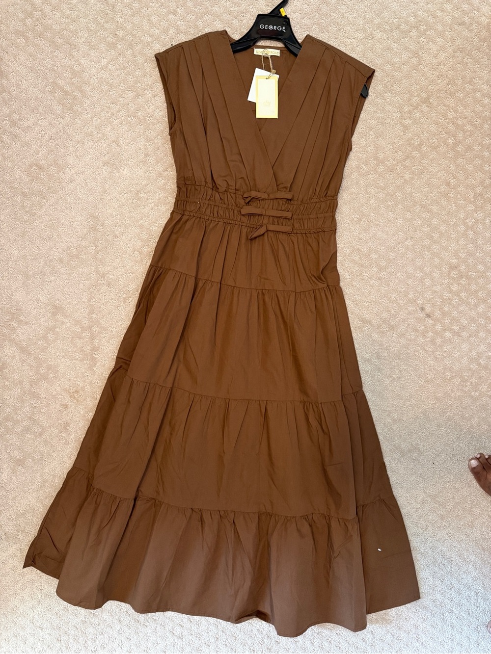 Smocked Waist Brown Maxi Dress with V-Neck